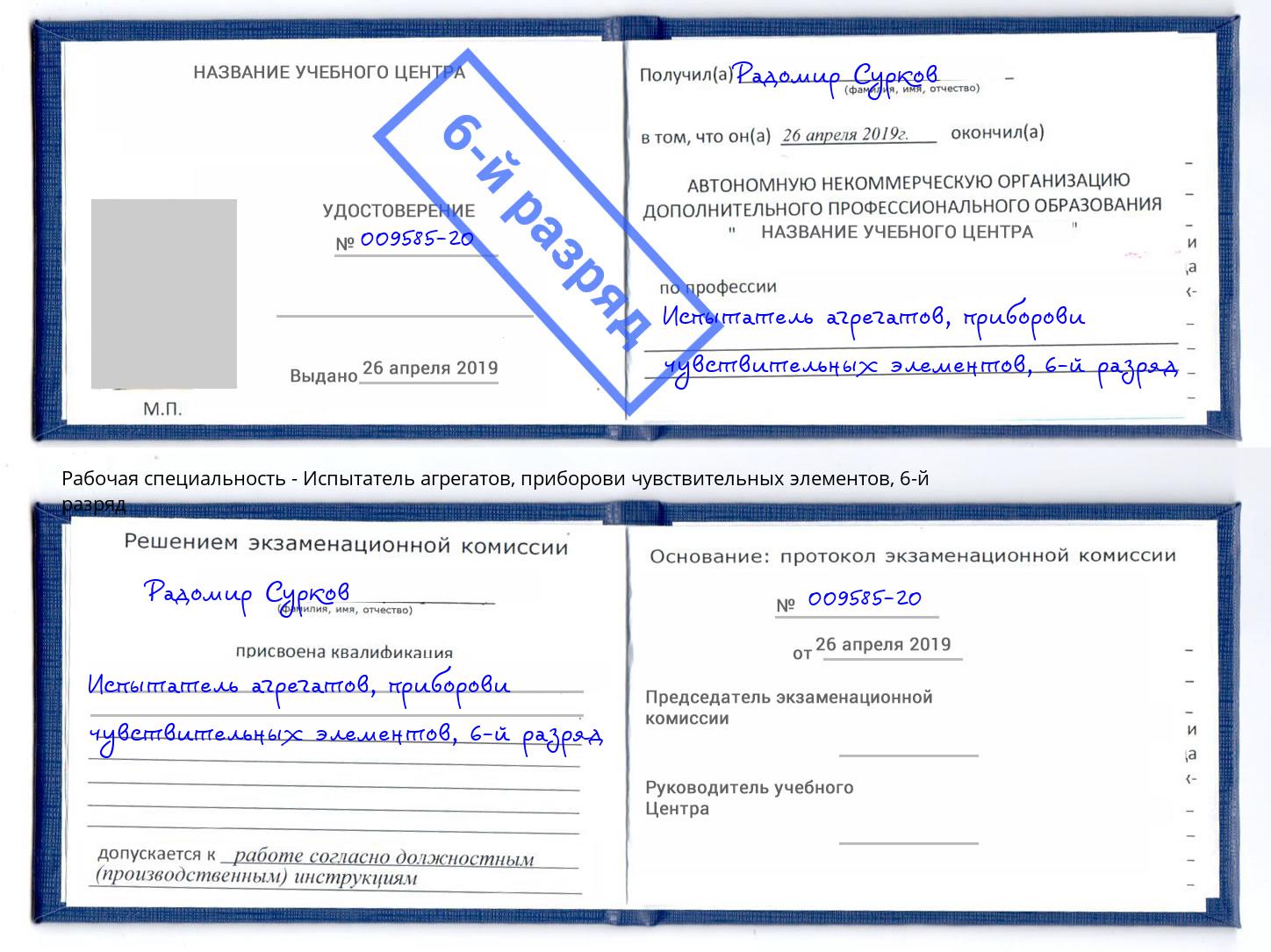 корочка 6-й разряд Испытатель агрегатов, приборови чувствительных элементов Аксай