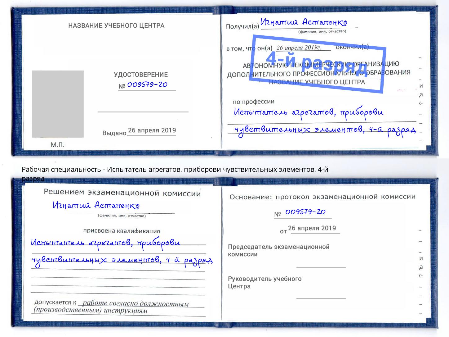 корочка 4-й разряд Испытатель агрегатов, приборови чувствительных элементов Аксай
