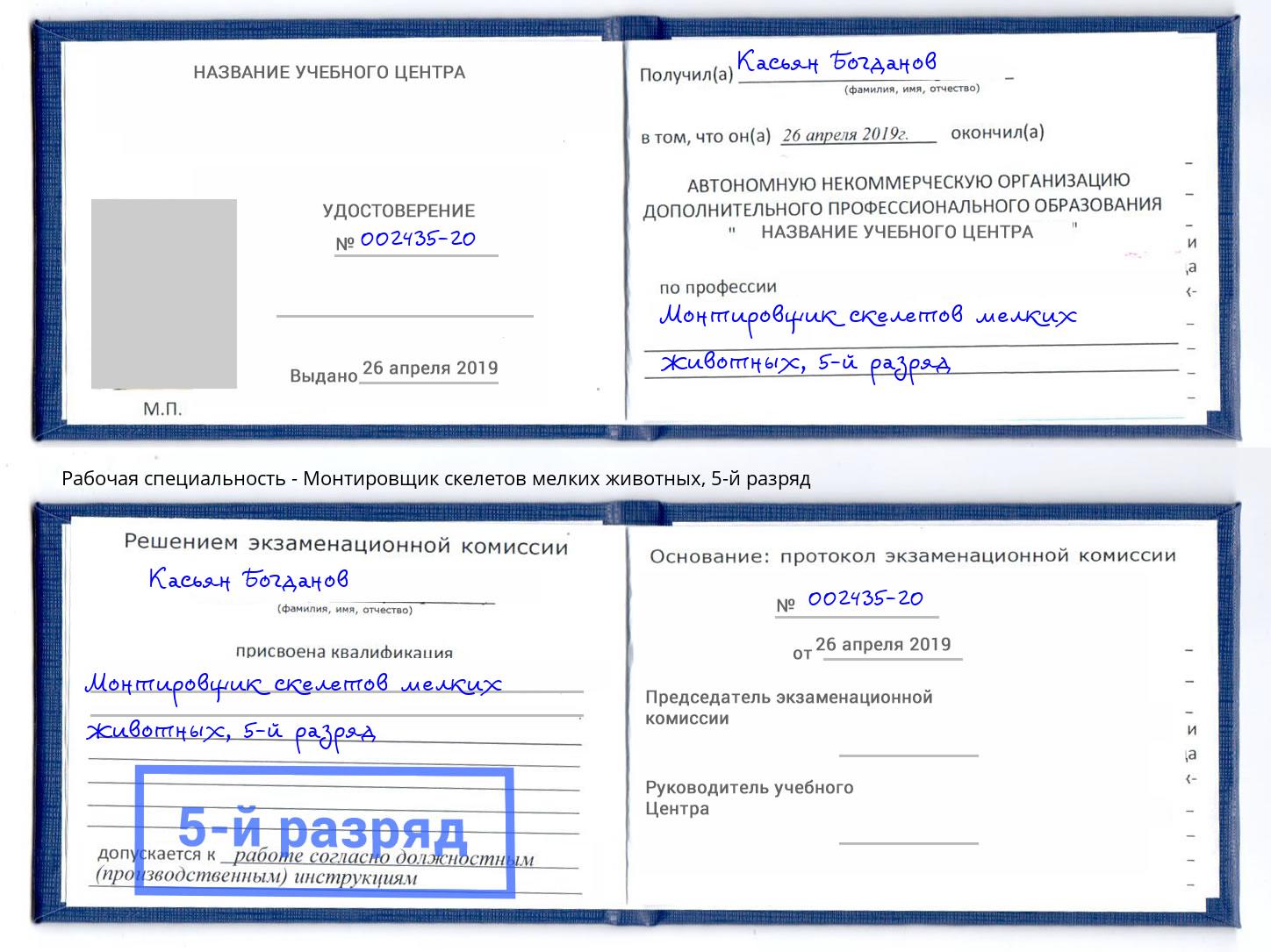 корочка 5-й разряд Монтировщик скелетов мелких животных Аксай