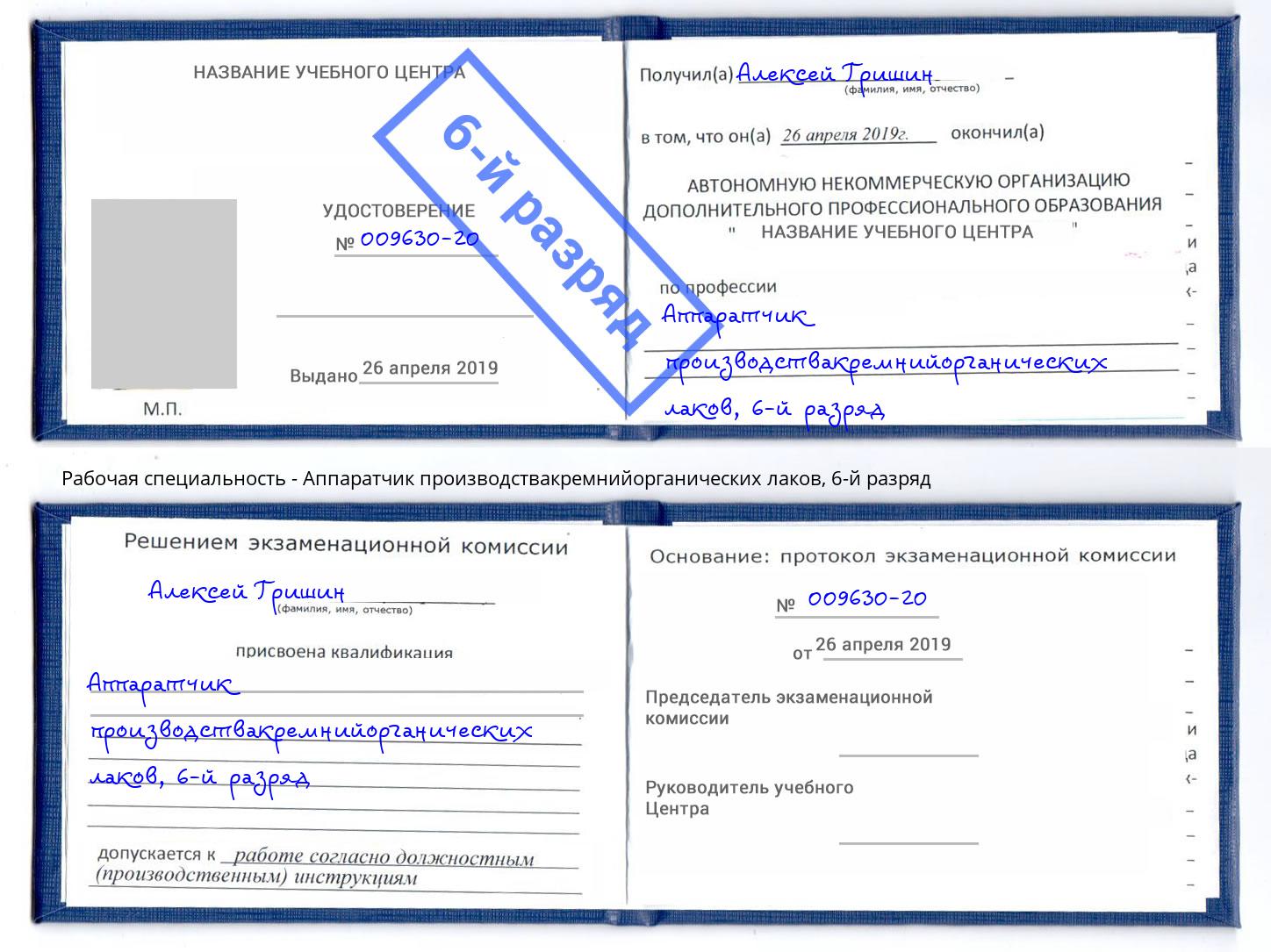 корочка 6-й разряд Аппаратчик производствакремнийорганических лаков Аксай